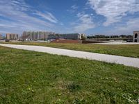 green grass next to a road in front of a beach with buildings on the other side