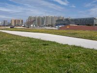 green grass next to a road in front of a beach with buildings on the other side