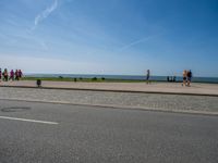 the tourists are walking on the sidewalk near the water and a grassy area next to the ocean