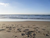 footprints on the beach with waves rolling in in the distance and sun shining down onto the ocean