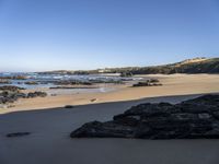 large rocks in foreground near water, at edge of rocky beach, with grassy hill and beached coastline