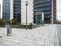 there is a street light by a sidewalk next to tall buildings and grass in front of them