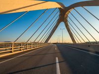 a long bridge that is over a river with water in the background and a yellow line