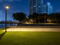 a view of a grassy area with a building in the background at night in miami