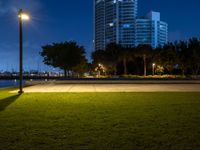 a view of a grassy area with a building in the background at night in miami