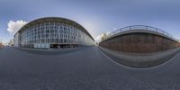 a fish eye view of two buildings from different angles with the front facing upwards, and back facing backwards