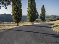 a quiet empty country road with a single lane and trees in the distance in italy