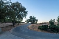 a quiet road lined with trees near grass and shrubs on the hillside in the desert