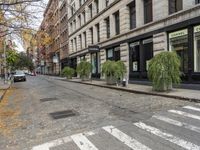 a sidewalk lined with tall buildings and plants in the street is empty and very quiet