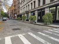 a sidewalk lined with tall buildings and plants in the street is empty and very quiet