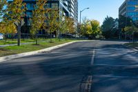 the empty street is quiet on a sunny day in autumn - like colors and shapes