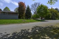 a empty street lined with homes and trees in a neighborhood setting with grassy lawn area,