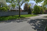 a empty street lined with homes and trees in a neighborhood setting with grassy lawn area,