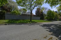 a empty street lined with homes and trees in a neighborhood setting with grassy lawn area,