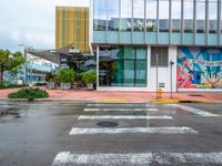 a cross walk in the rain in front of a building with murals on the walls