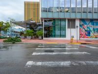 a cross walk in the rain in front of a building with murals on the walls