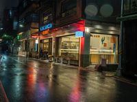 a rainy evening view of an empty city street at night with a shop front in the rain