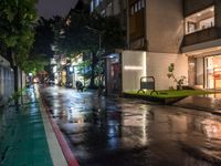 a rainy sidewalk at night with green plants in front and some people sitting on a bench