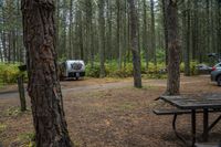 two recreational vehicles are parked outside in the woods behind a picnic table and van or truck