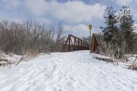 there is a red bridge in the middle of a snow covered field and some trees