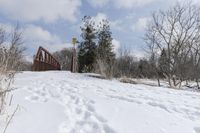 there is a red bridge in the middle of a snow covered field and some trees