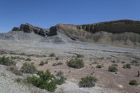 the desert has a mountain and brush growing on it's sides in front of it