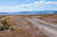 a dirt road with an arrow sign in the middle of nowhere, with mountains in the distance