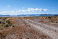 a dirt road with an arrow sign in the middle of nowhere, with mountains in the distance