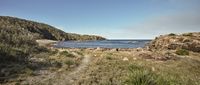 a wide beach with grass near a hill with rocks in the water and trees on one side