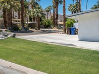 palm trees and some concrete in the grass and on the sidewalk is a building with two buildings in it