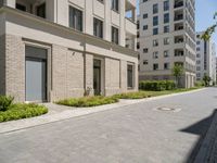 this sidewalk has multiple pavings near two buildings on the sides of it and shrubs beside the curb