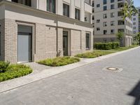 this sidewalk has multiple pavings near two buildings on the sides of it and shrubs beside the curb