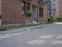 the sidewalk is brick with a planter in between the sidewalks to the side and a door leading out onto street