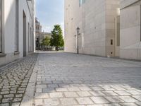 a narrow stone road that leads down to buildings and trees next to them with windows