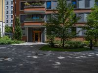 a residential driveway with a bench and bushes in between buildings and green grass on either side