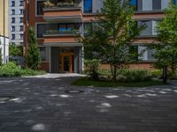 a residential driveway with a bench and bushes in between buildings and green grass on either side