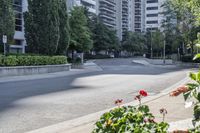 a car driving down an empty street lined with tall buildings and trees in the background