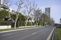 a lone empty street near the buildings and trees in a residential area in the city