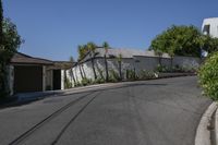 two street signs on each side of a road in front of a house with trees and palm