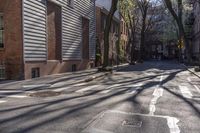 a crosswalk is near a tree and building with tall windows in the background of this residential area