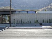 a stop sign on the corner next to a road with hills in the background and a building that looks like a cactus plant