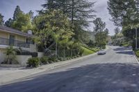 a paved road leading through some trees in a forested area near houses and street lamps