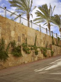 a concrete wall is lined with plants and trees on the side of it and in front of the fence