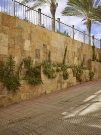 a concrete wall is lined with plants and trees on the side of it and in front of the fence