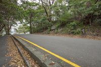 the road goes up to the top of a hill, with yellow lines down it