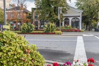 a building on a city street surrounded by flowers and trees of all shades and reds, with cars driving past