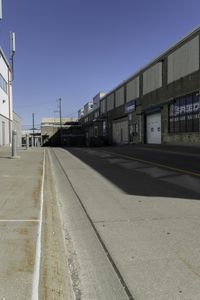 a road and an empty building in a industrial area, showing a wide angle of view