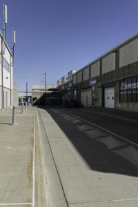 a road and an empty building in a industrial area, showing a wide angle of view