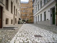 a paved street with cobblestones that is open to some cars parked on one side