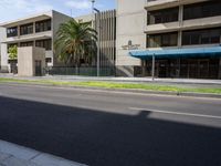 the view down a street to an office building with palm trees and a road sign in front